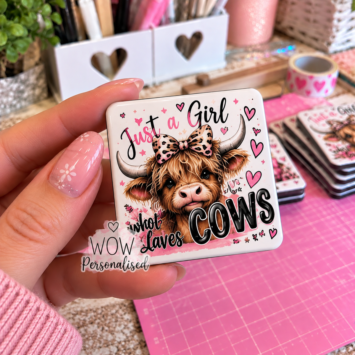 Just a Girl Who Loves Cows Fridge Magnet | Cute Highland Cow Gift | Pink Cow Magnet 5x5cm | WOW Personalised