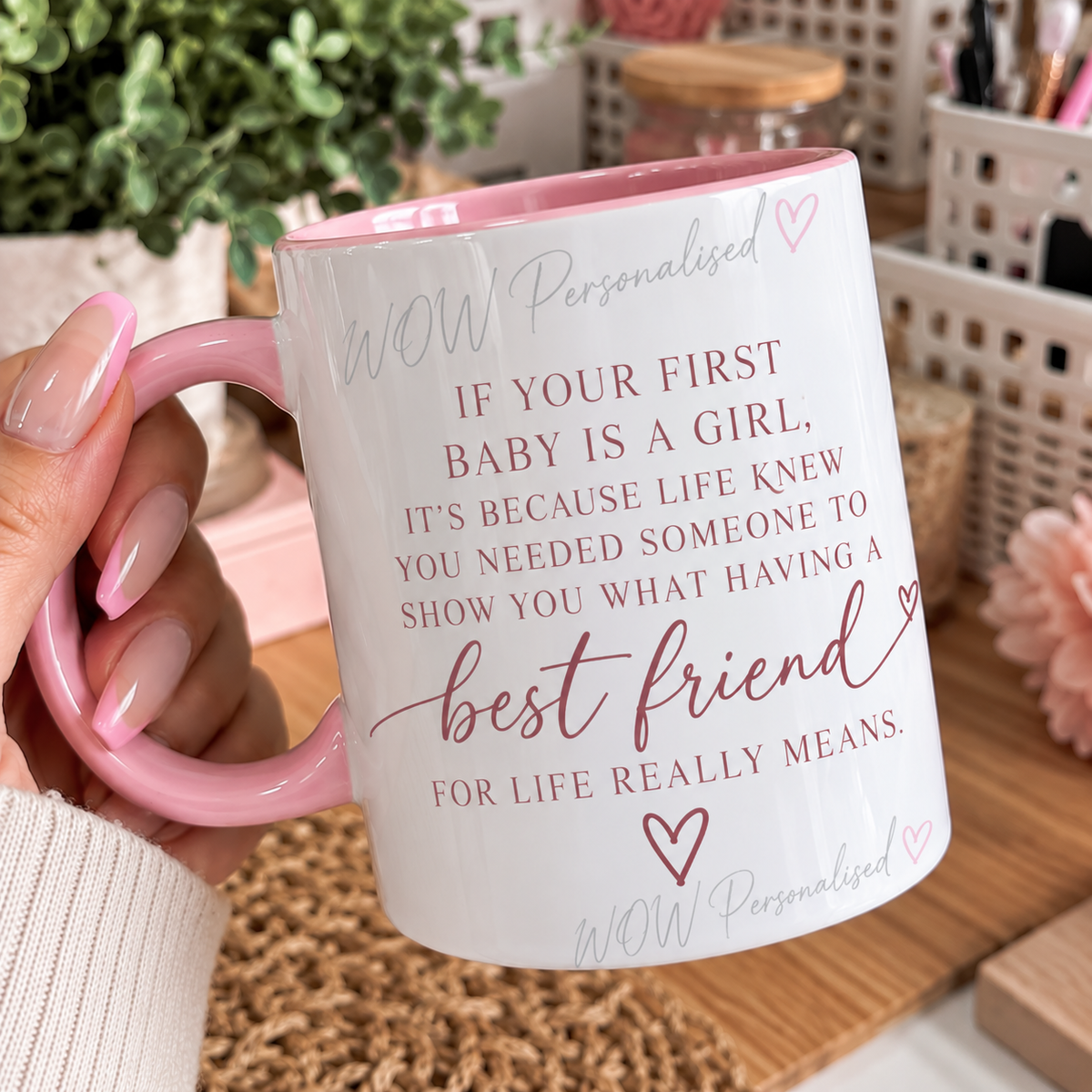 First Baby Girl Mum Mug | Best Friend for Life Quote | Pink Handle & Inside 11oz Mug | Sentimental Gift for Mummy