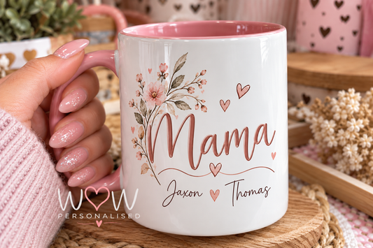 Personalised Mama Mug with Children’s Names | Pink Floral 11oz Mug | Mother’s Day Gift for Mum