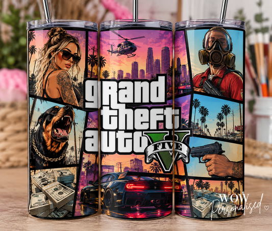 GTA Inspired 20oz Skinny Tumbler | Grand Theft Auto Gaming Cup with Straw | Gamer Gift