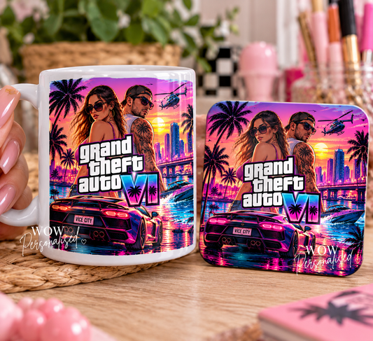 GTA 6 Inspired Mug & Matching Coaster Set | Grand Theft Auto VI Gaming Gift | 11oz Gamer Mug | Vice City Inspired