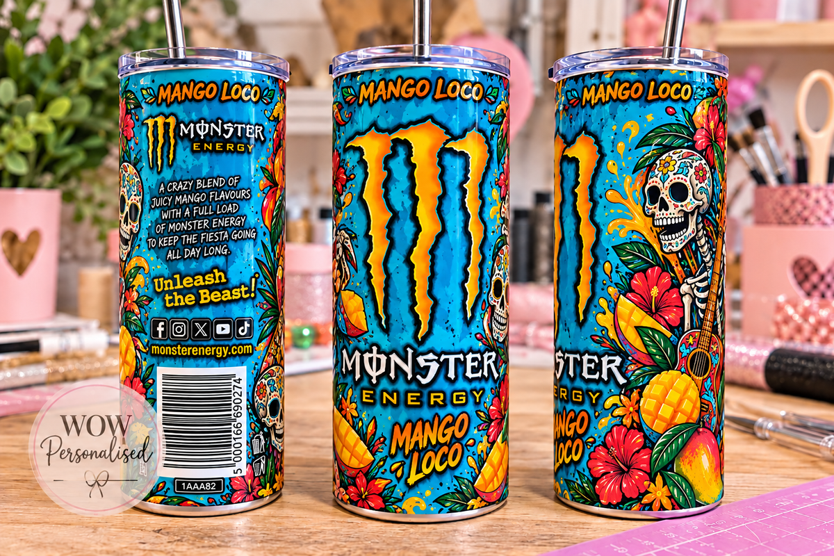 Monster Energy Mango Loco Inspired 20oz Skinny Tumbler with Straw | Blue Tropical Energy Drink Cup | WOW Personalised