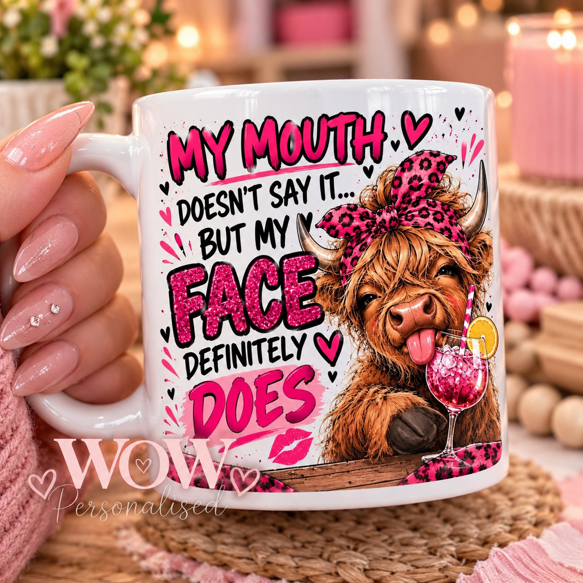 Funny Highland Cow Mug – My Mouth Doesn’t Say It But My Face Definitely Does | Pink 11oz Novelty Mug