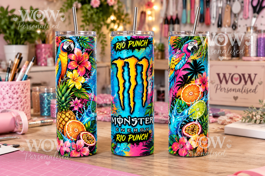 Monster Energy Rio Punch Inspired 20oz Skinny Tumbler | Tropical Energy Drink Cup with Straw