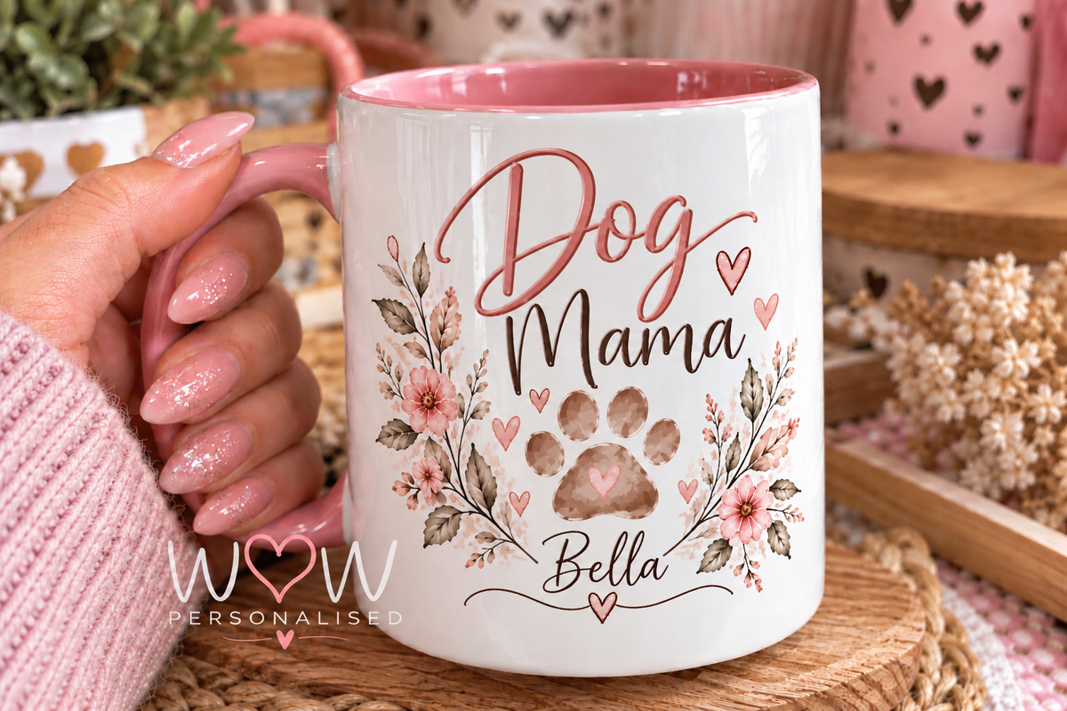 Personalised Dog Mama Mug – Custom Dog Name Pink Handle Mug | Dog Mum Gift