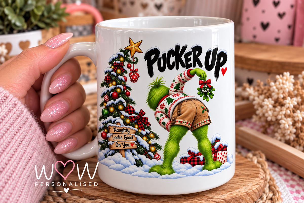 Funny Grinch Inspired Christmas Mug – Pucker Up Rude Festive 11oz Mug | Adult Christmas Gift