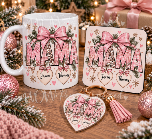 Personalised Mama Christmas Gift Set | Mug, Coaster & Heart Keyring | Children’s Names