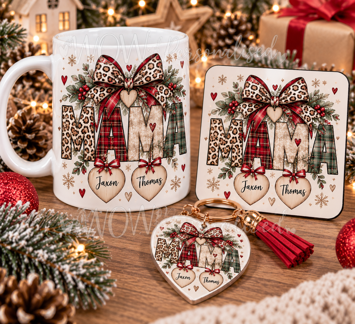 Personalised Mama Christmas Gift Set | Leopard Print Mug, Coaster & Heart Keyring