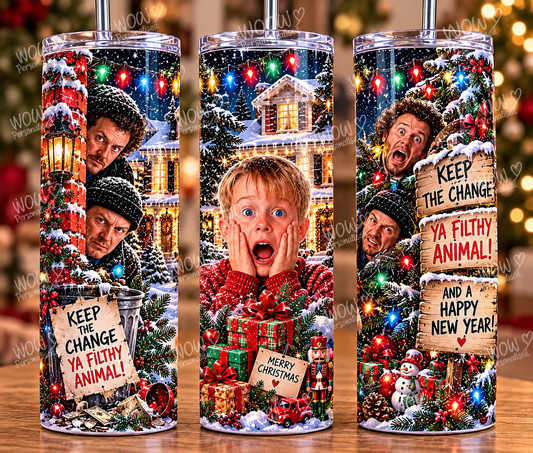 Home Alone Inspired Christmas 20oz Skinny Tumbler | Funny Festive Travel Cup | Keep the Change Ya Filthy Animal