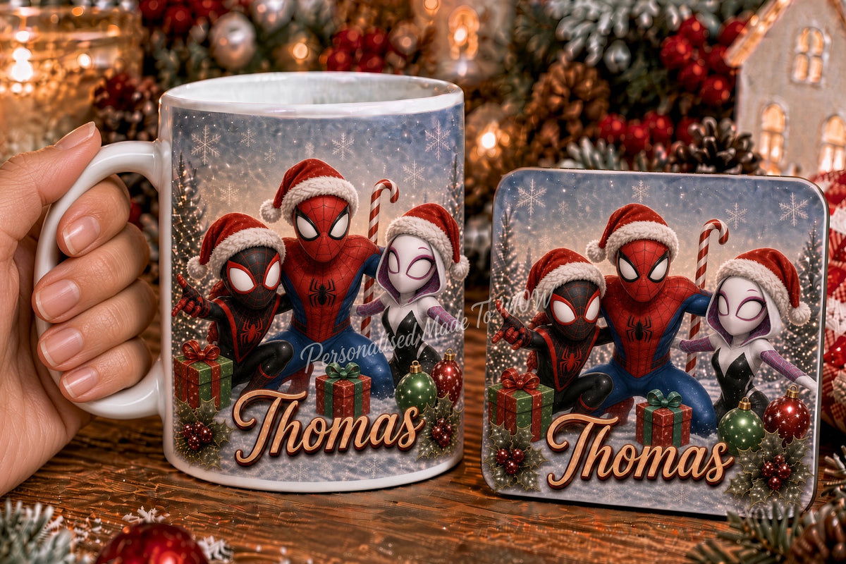 Personalised Christmas Spider-Man Mug & Coaster Set | Marvel Superhero Festive Gift for Kids