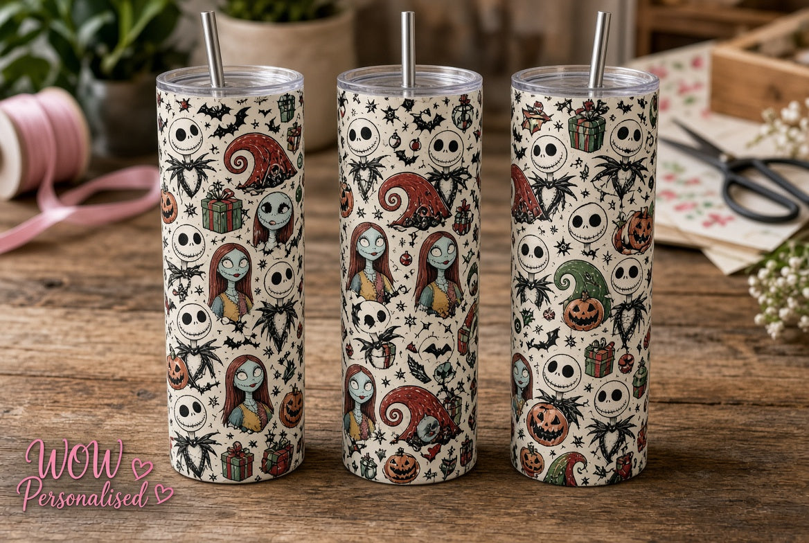 Jack & Sally Nightmare Before Christmas Inspired 20oz Skinny Tumbler | Spooky Festive Cup