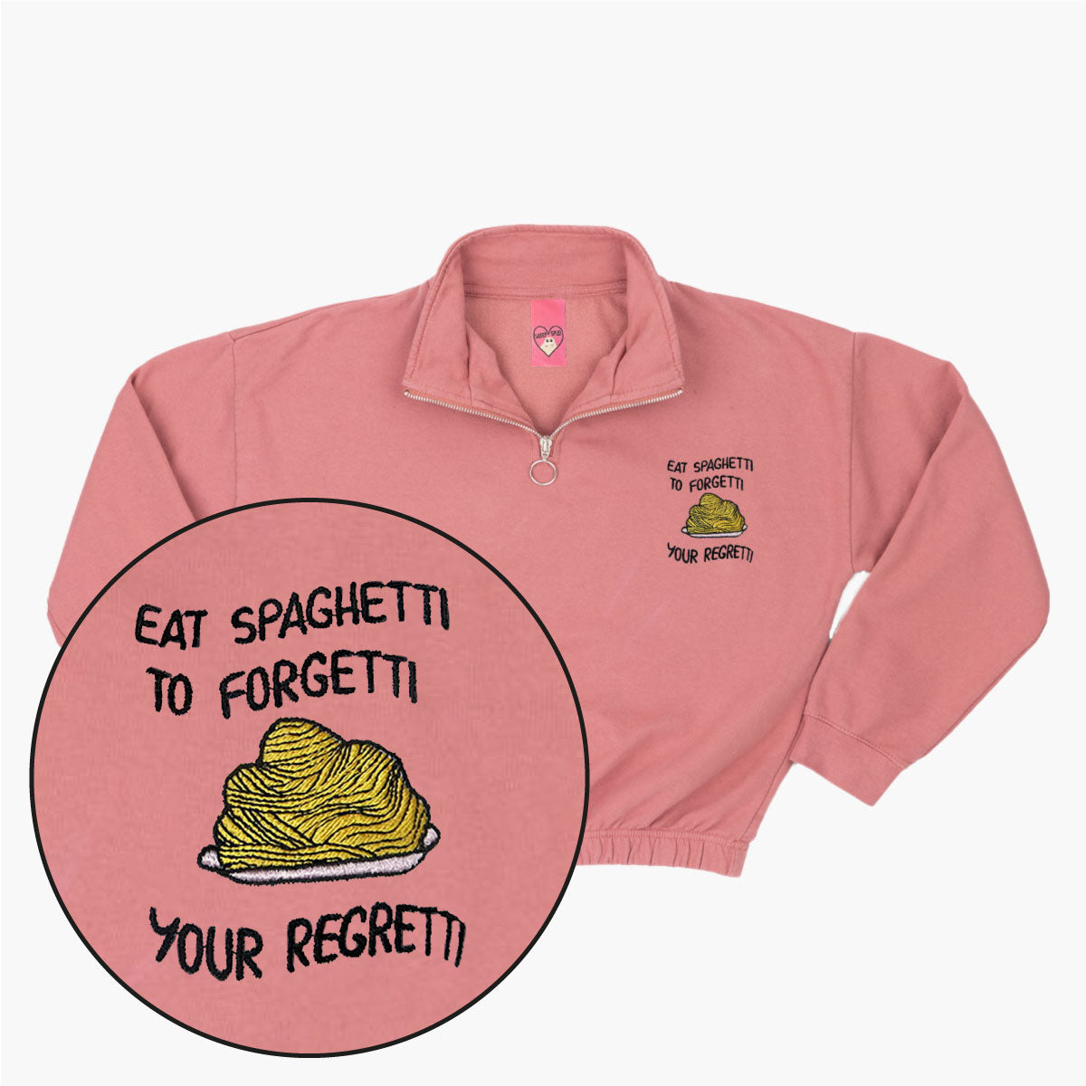 Eat Spaghetti Embroidered 1/4 Zip Crop Sweatshirt