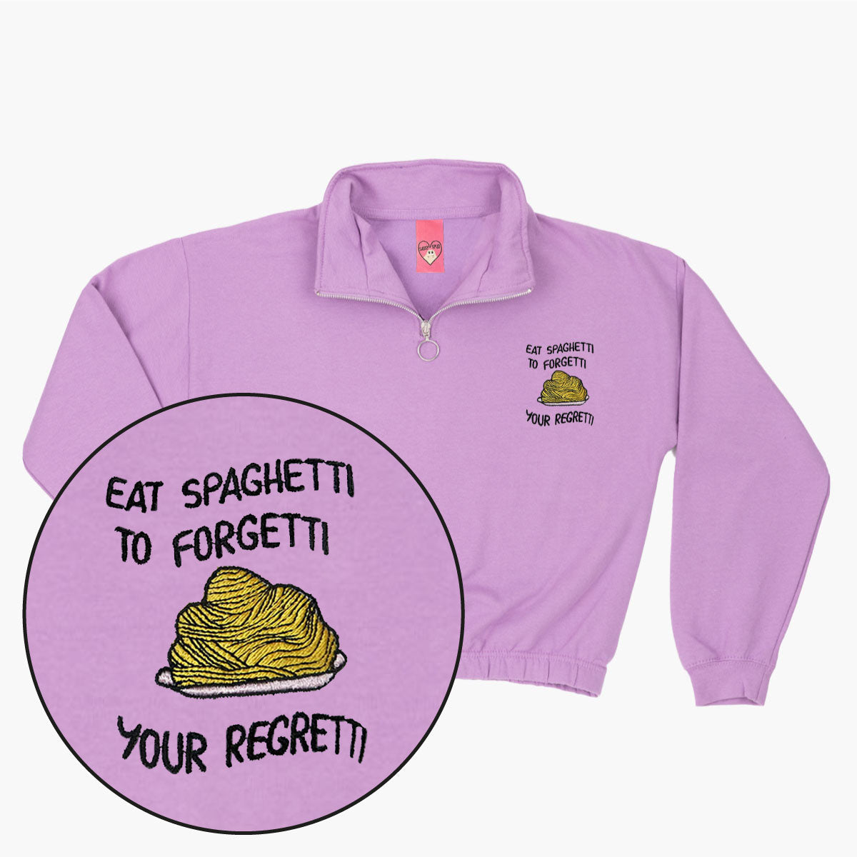 Eat Spaghetti Embroidered 1/4 Zip Crop Sweatshirt