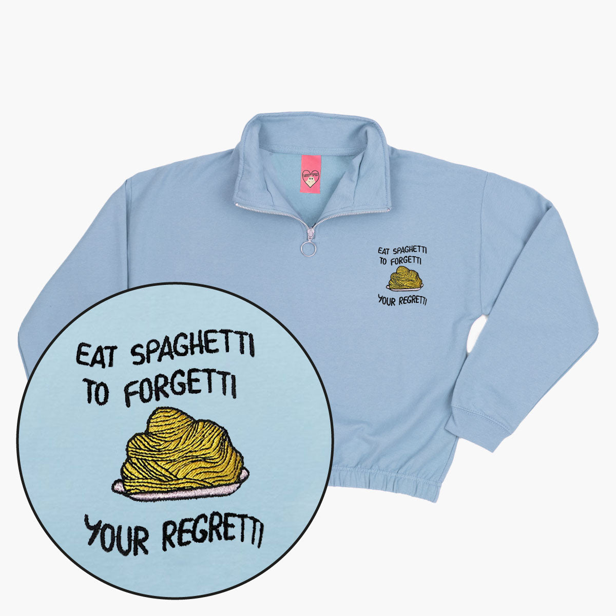 Eat Spaghetti Embroidered 1/4 Zip Crop Sweatshirt