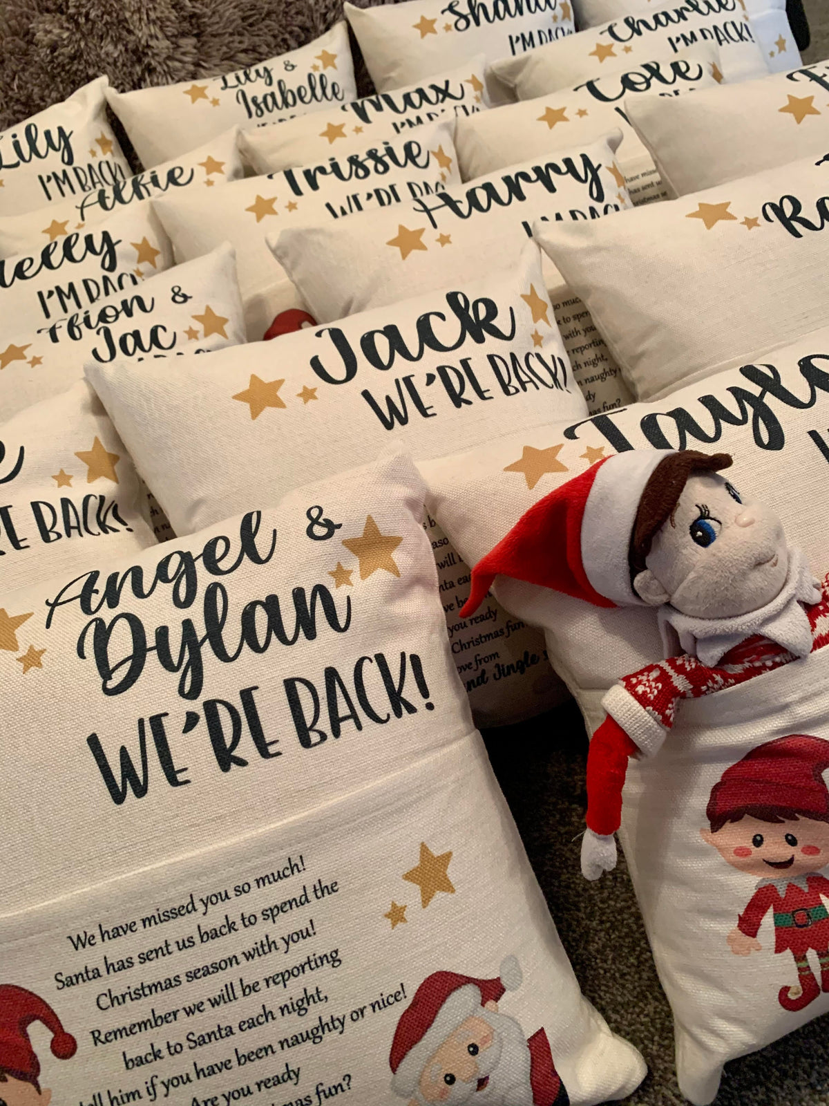 Personalised Elf Return Cushion – Christmas Eve Elf Pillow with Custom Name