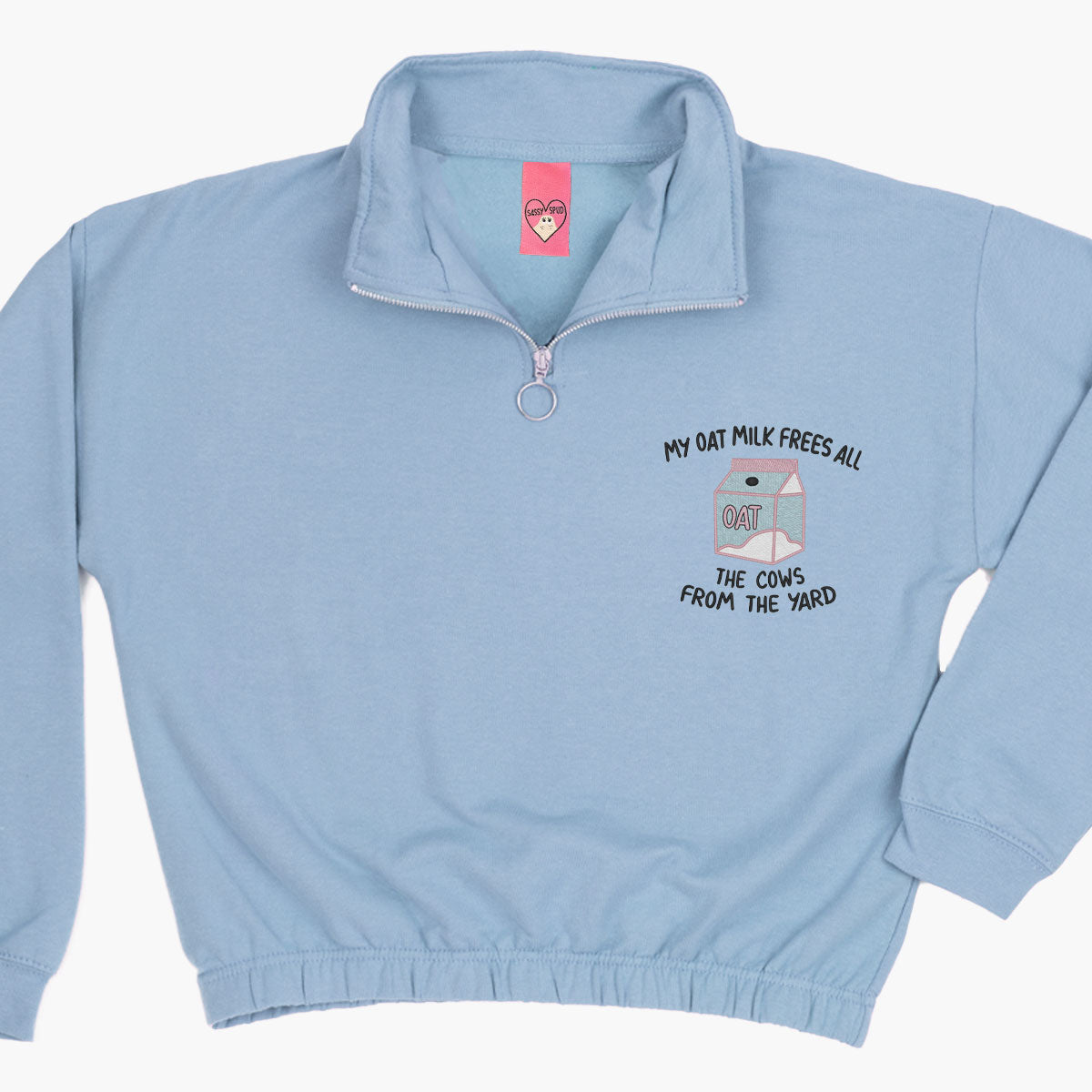 My Oat Milk Frees All The Cows From The Yard Embroidered 1/4 Zip Crop Sweatshirt